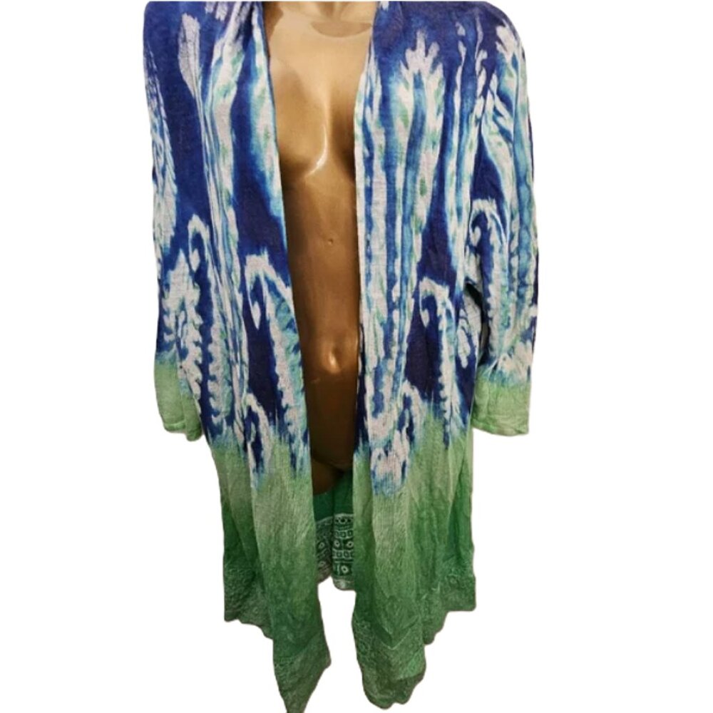 Chicos green blue w/embroidery hem longer cardigan size 3?